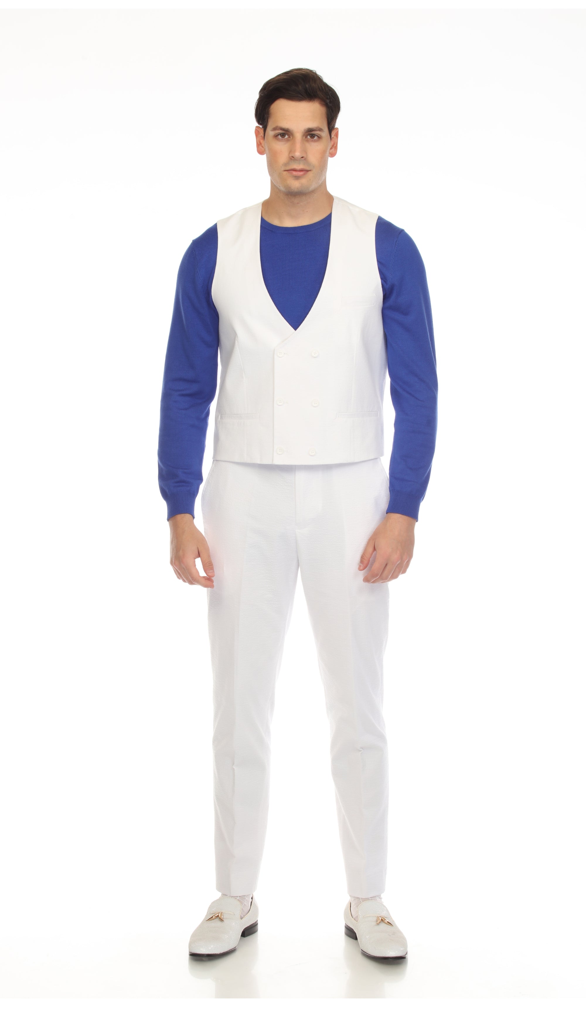 Men's White Grant Double Breasted Seersucker Mens Vest