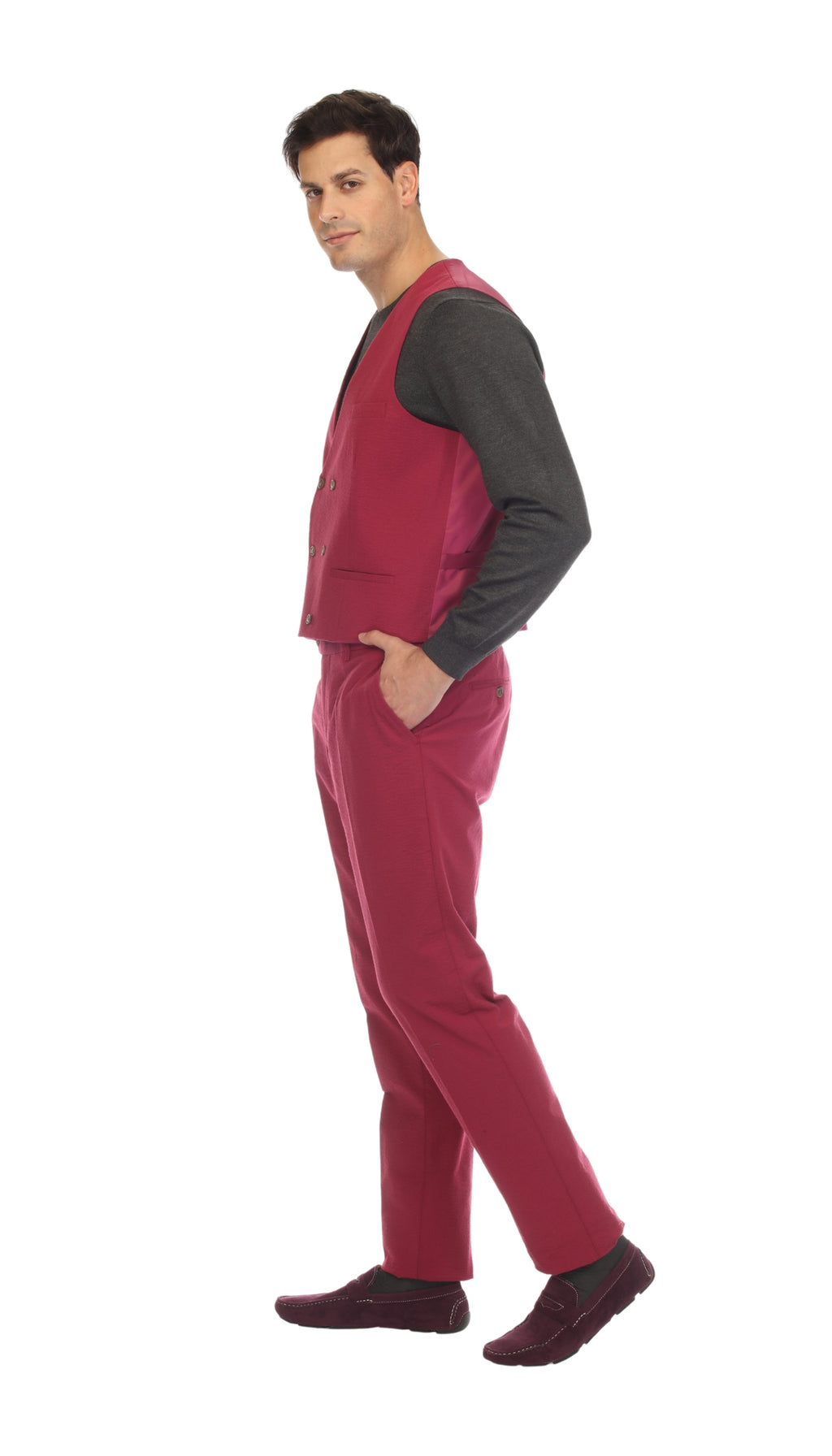 Men's Burgundy Grant Double Breasted Seersucker Mens Vest