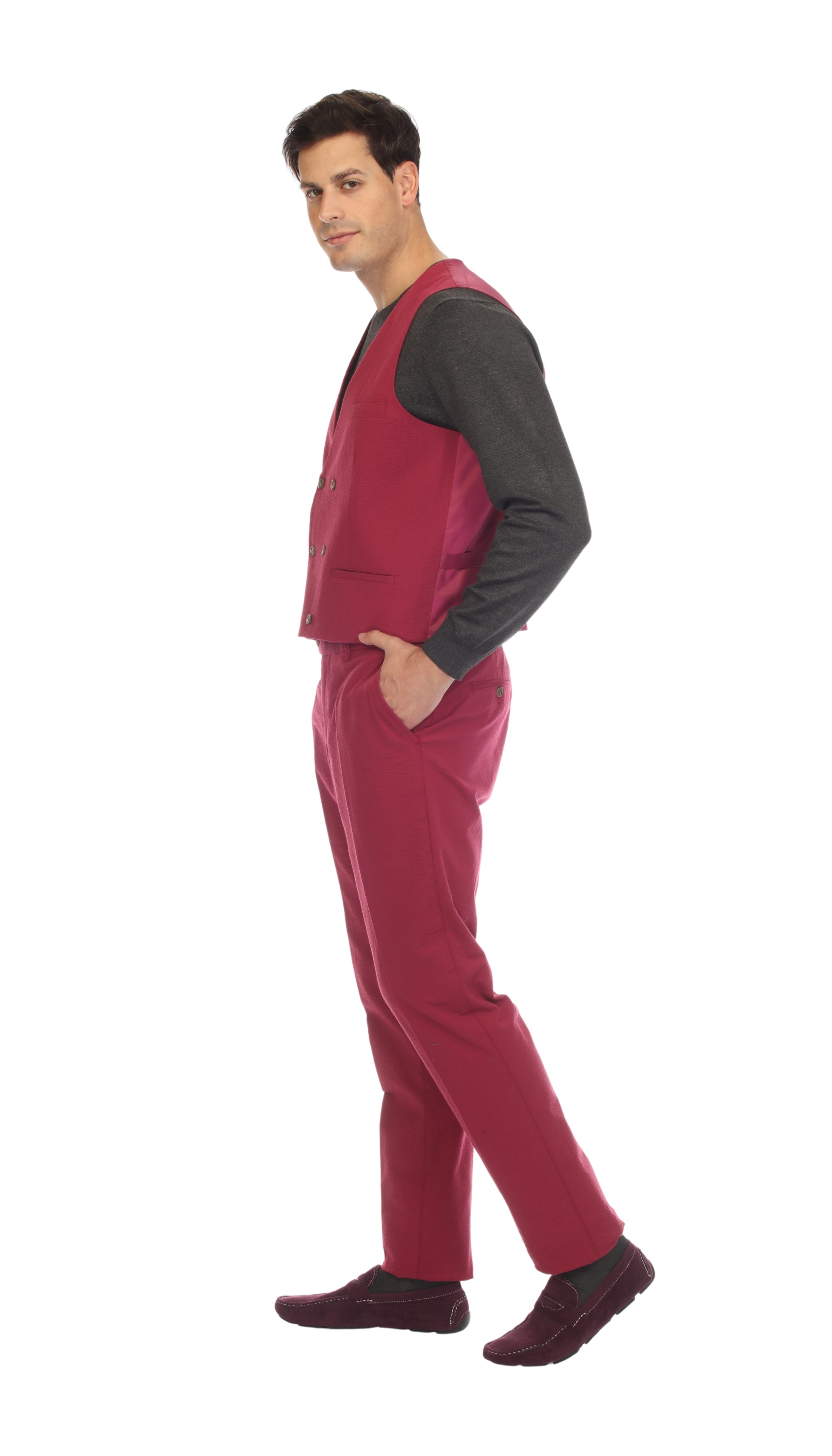 Men's Burgundy Grant Double Breasted Seersucker Mens Vest