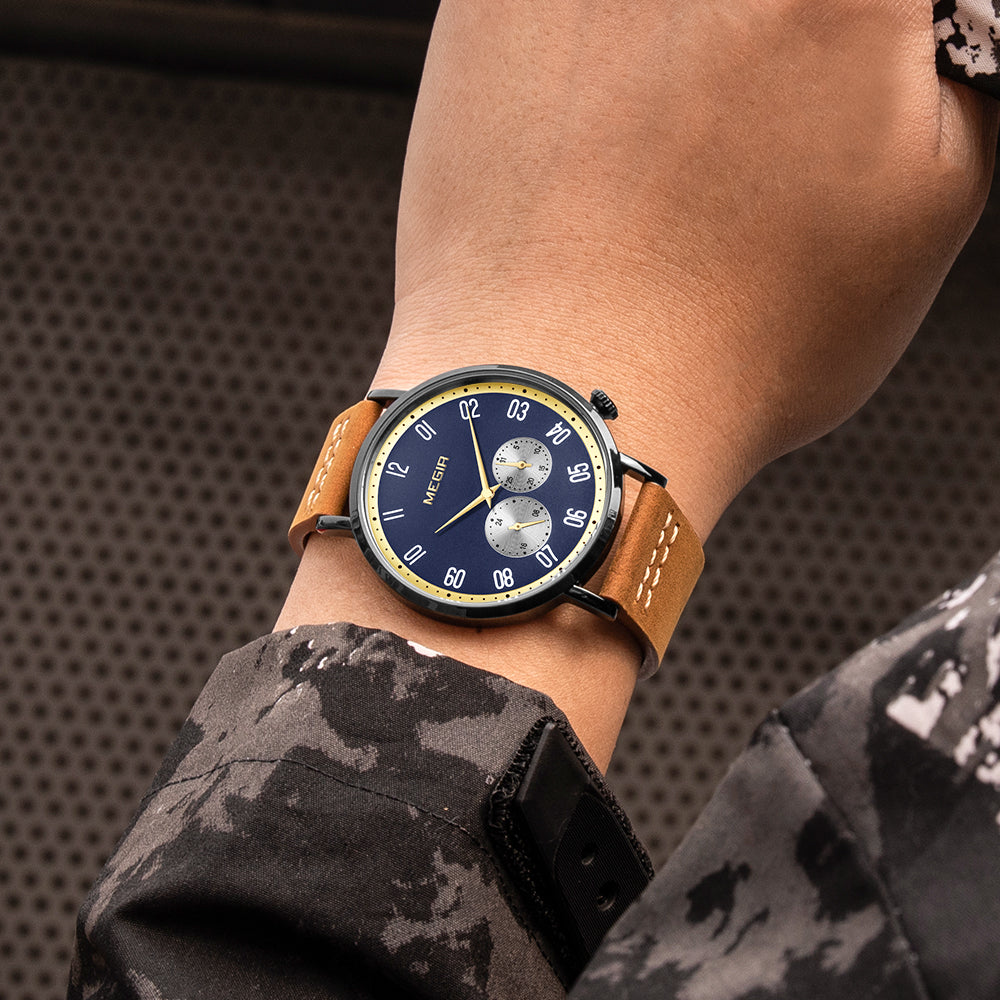 MEGIR Fashion Casual Men Watches Luxury Leather Quartz Sport Wristwatch Waterproof Luminous Clock Large Dial Relogio Masculino 1083