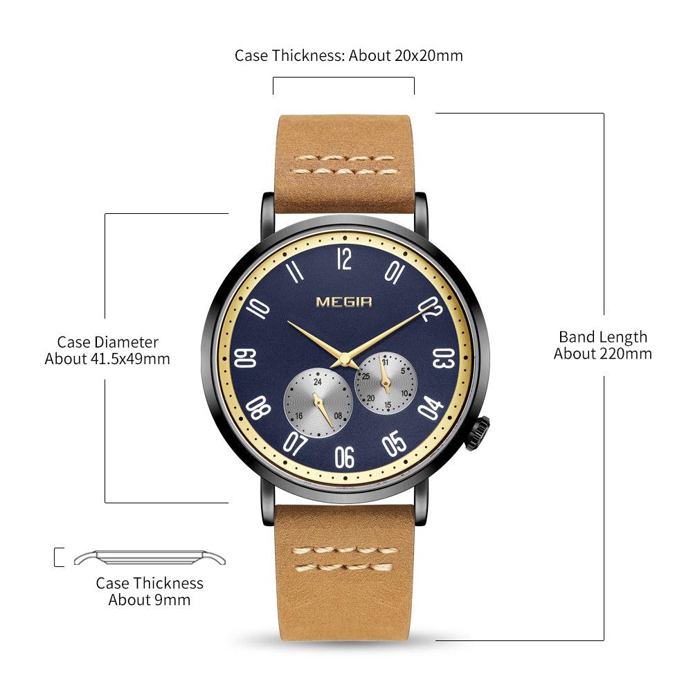 MEGIR Fashion Casual Men Watches Luxury Leather Quartz Sport Wristwatch Waterproof Luminous Clock Large Dial Relogio Masculino 1083