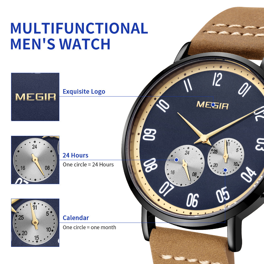 MEGIR Fashion Casual Men Watches Luxury Leather Quartz Sport Wristwatch Waterproof Luminous Clock Large Dial Relogio Masculino 1083
