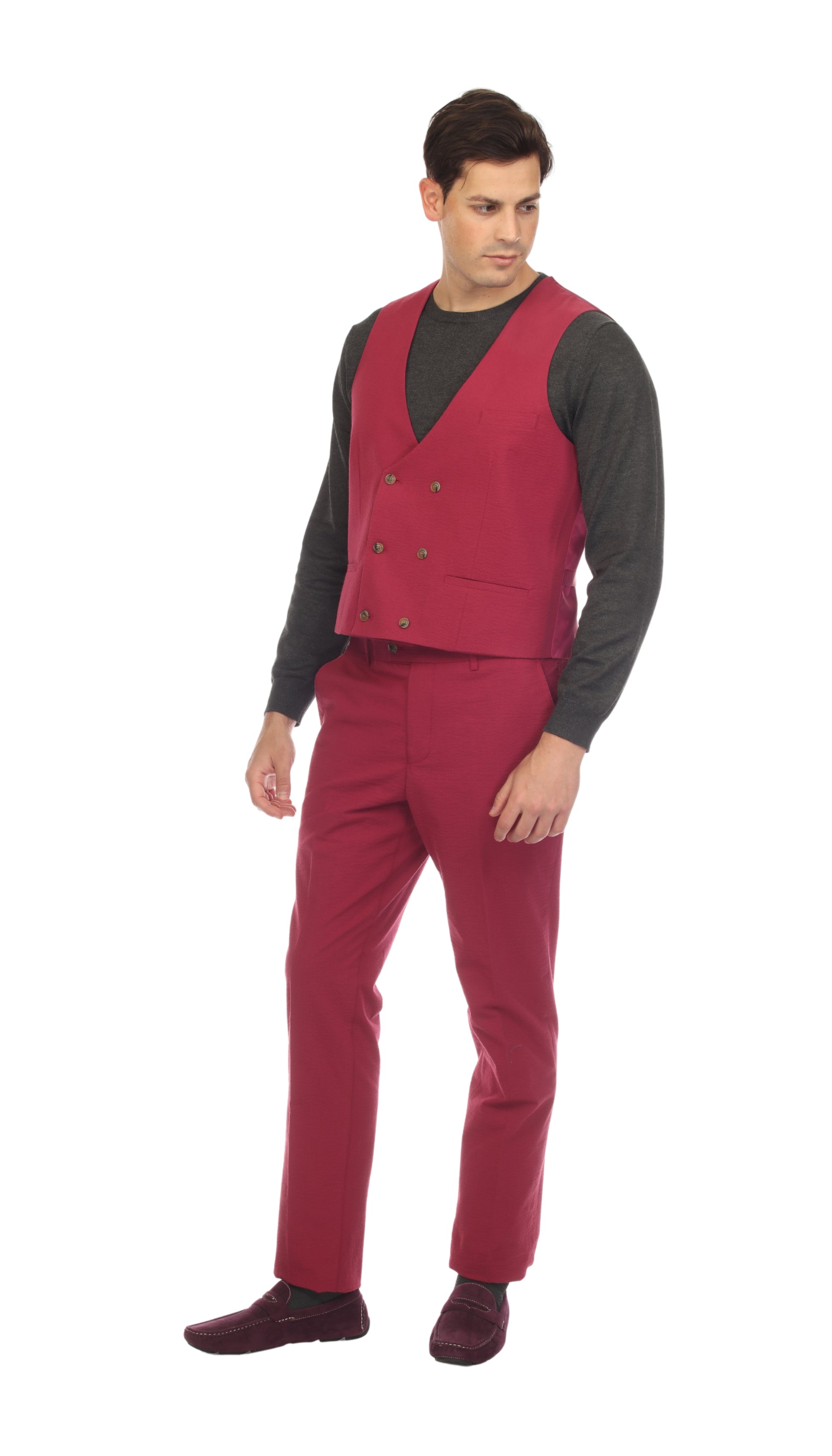Men's Burgundy Grant Double Breasted Seersucker Mens Vest