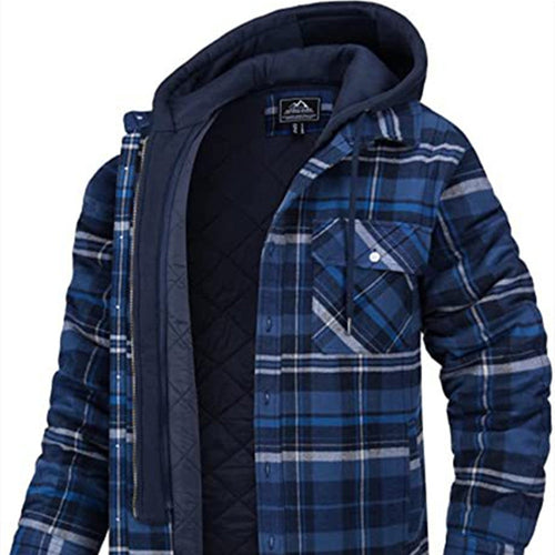 Men's Plaid Hooded Coat Winter Warm Button Zip-up Jacket Fashion