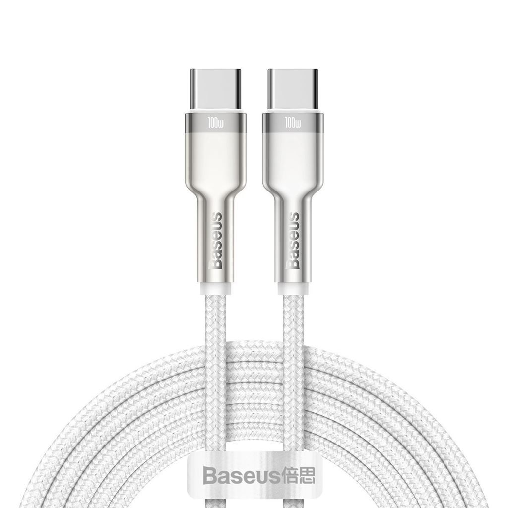Кабел за захранване и данни Baseus, Metal Cables, Fast Charging, USB Type-C към USB Type-C 100W плетен 2 м, Бял (CATJK-D02)