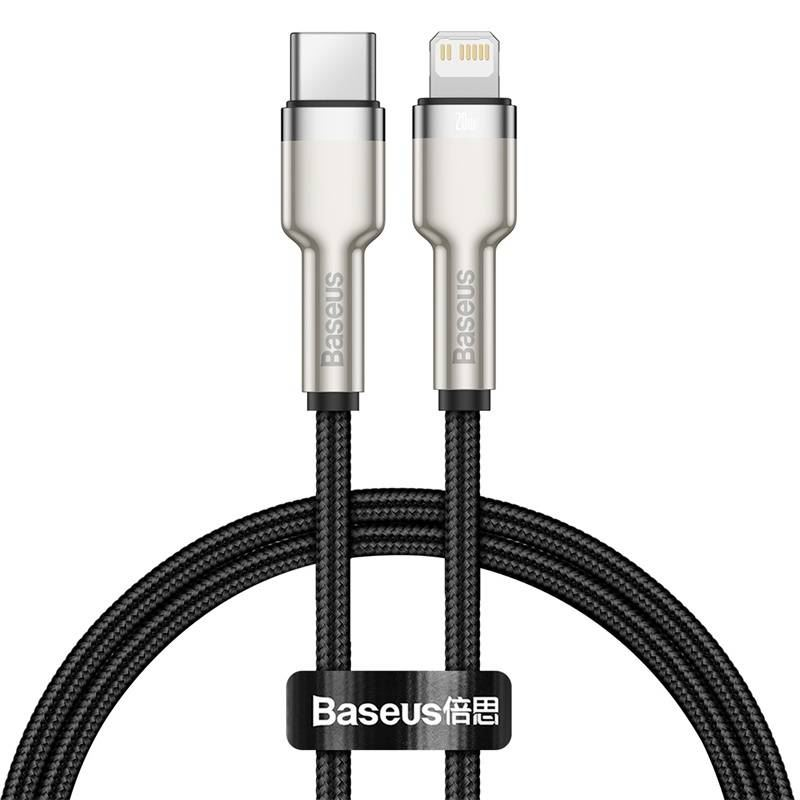 Кабел за захранване и данни Baseus, Metal Cables, Fast Charging, USB Type-C към Lightning PD 20W плетен 0,25 м, Черен (CATLJK-01)