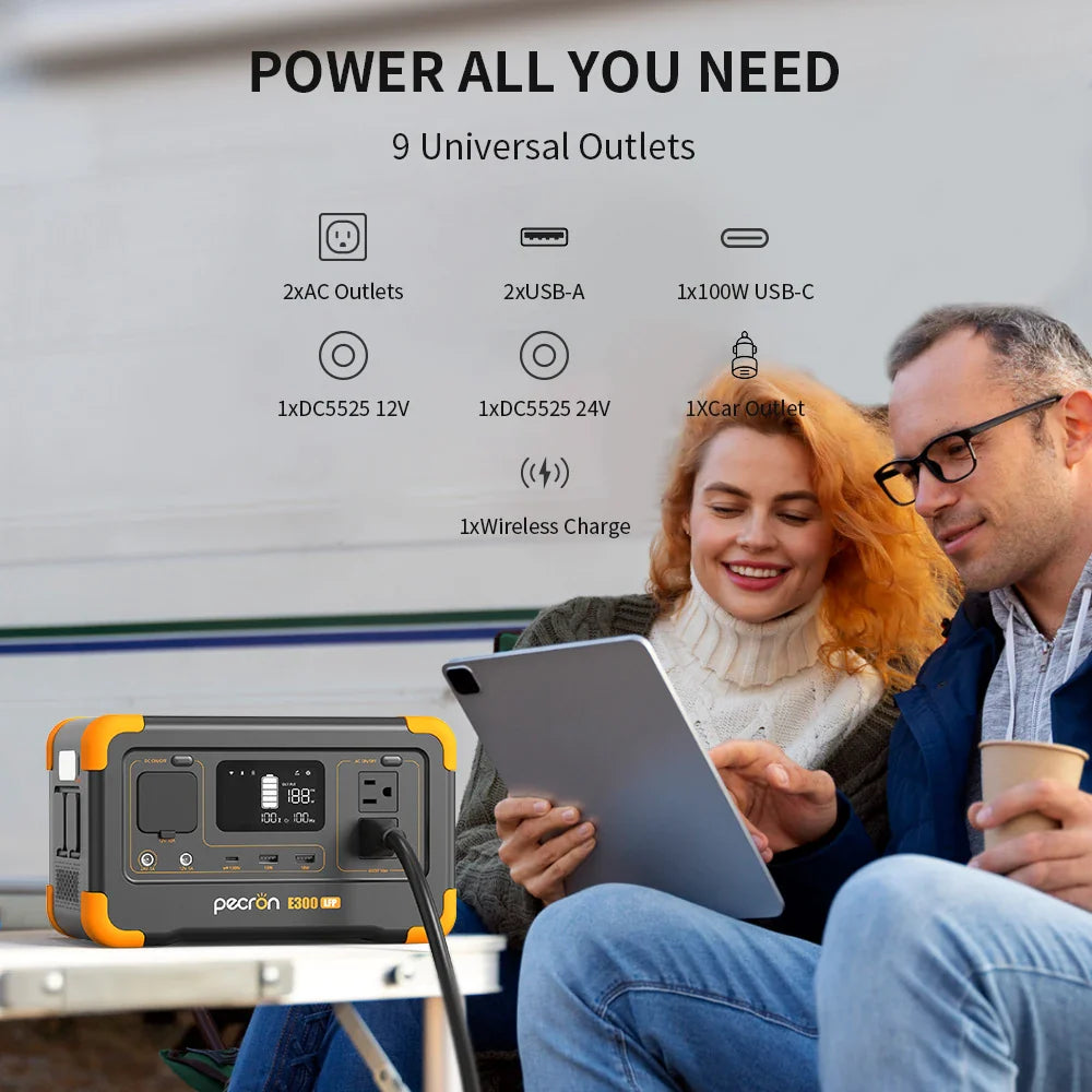 Pecron E300LFP Portable Power Station 600W 288Wh LiFePO4 Battery Solar Generator Power Bank Fast Charging for Home , RV, Camping