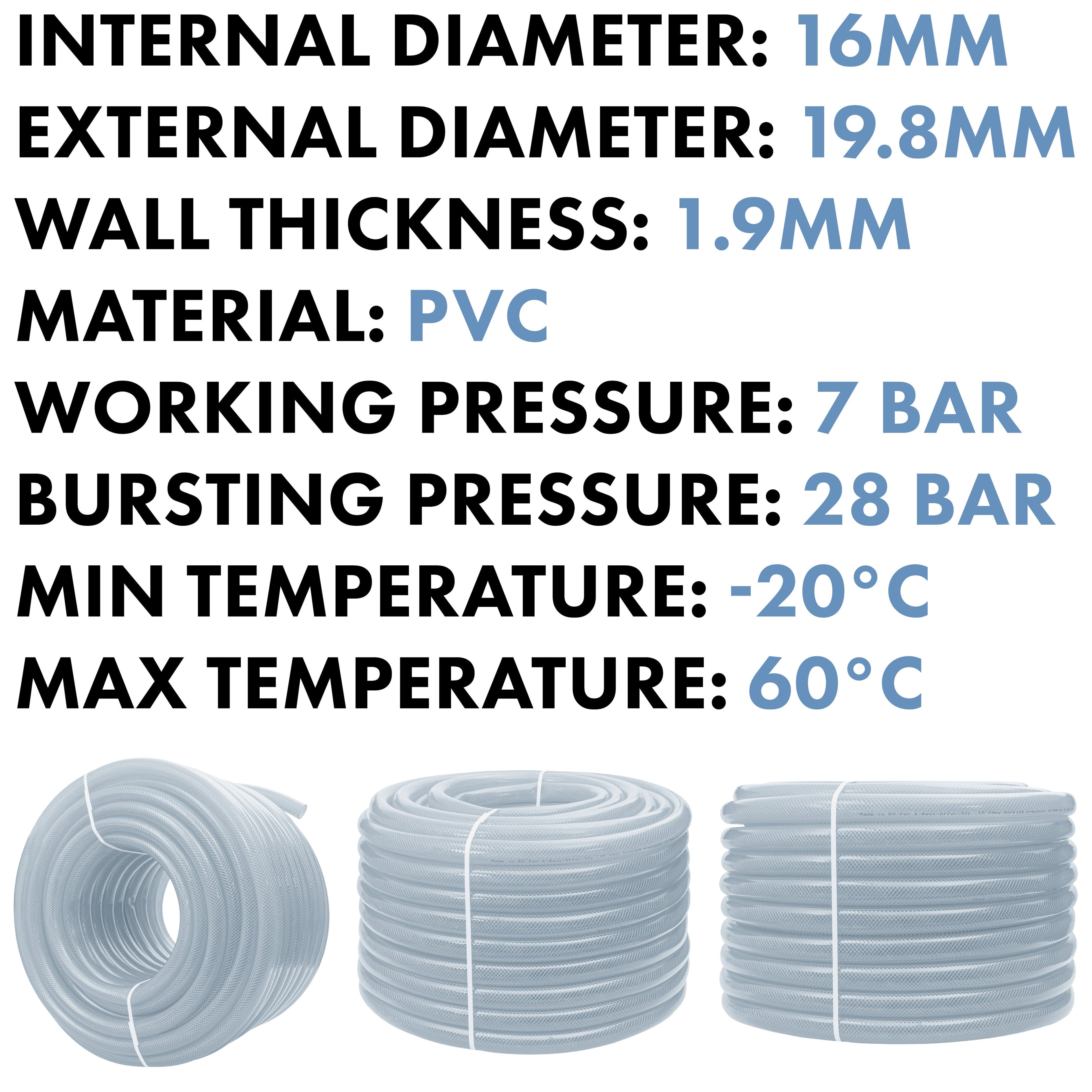 16mm Braided PVC Tech Hose, 1.9mm Wall Thickness