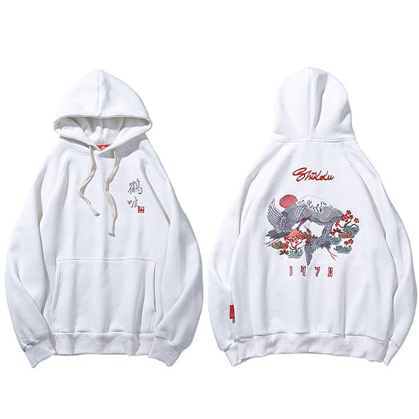 Men Hip Hop Streetwear Hoodie Harajuku Embroidery Crane Kanji Hoodie Sweatshirt Autumn Pullover Hoodies Japan Style Casual