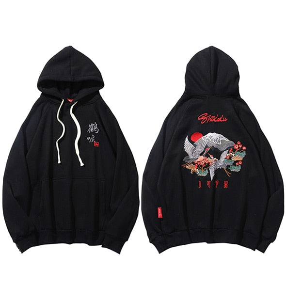 Men Hip Hop Streetwear Hoodie Harajuku Embroidery Crane Kanji Hoodie Sweatshirt Autumn Pullover Hoodies Japan Style Casual