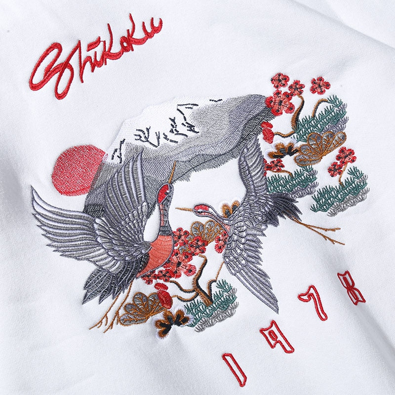 Men Hip Hop Streetwear Hoodie Harajuku Embroidery Crane Kanji Hoodie Sweatshirt Autumn Pullover Hoodies Japan Style Casual