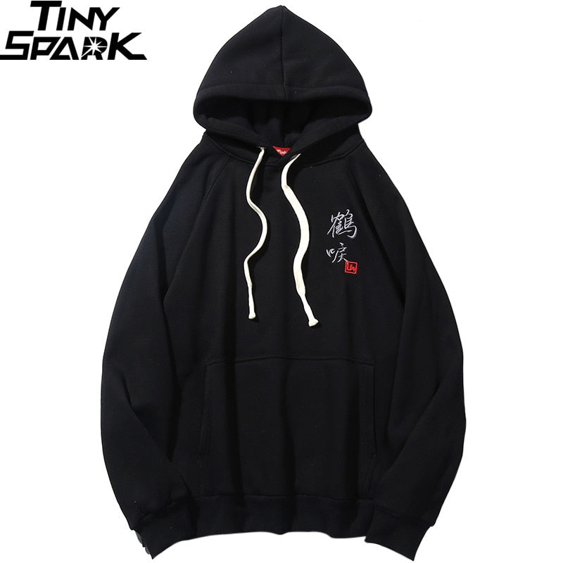 Men Hip Hop Streetwear Hoodie Harajuku Embroidery Crane Kanji Hoodie Sweatshirt Autumn Pullover Hoodies Japan Style Casual