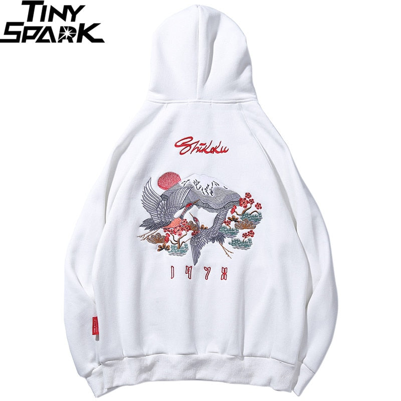 Men Hip Hop Streetwear Hoodie Harajuku Embroidery Crane Kanji Hoodie Sweatshirt Autumn Pullover Hoodies Japan Style Casual