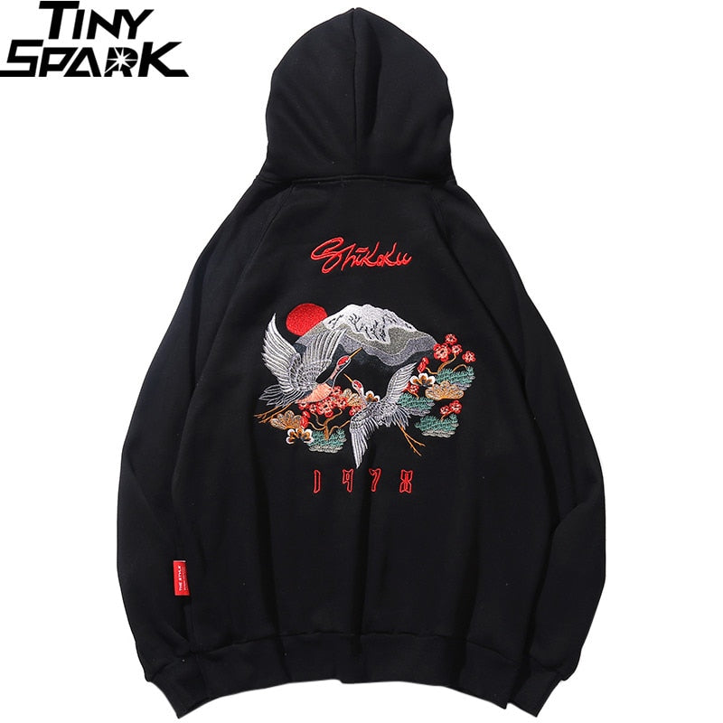Men Hip Hop Streetwear Hoodie Harajuku Embroidery Crane Kanji Hoodie Sweatshirt Autumn Pullover Hoodies Japan Style Casual