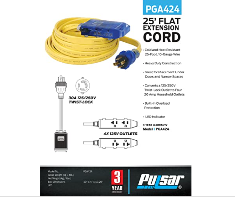Pulsar PGA424 25 Ft. Generator Extension Cord for L14-30P to 4 5-20R with LED Indicator Yellow