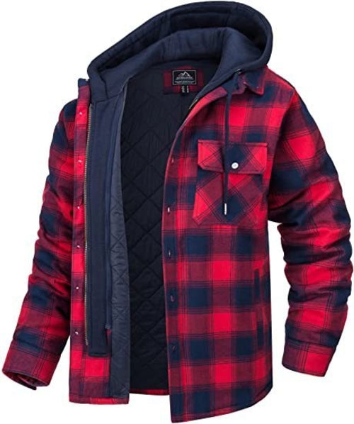 Men's Plaid Hooded Coat Winter Warm Button Zip-up Jacket Fashion