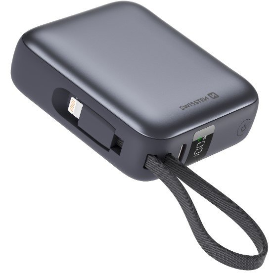 Swissten Power Bank 10000 mAh with Built-In Cables USB-C and Lightning (8595217490581)