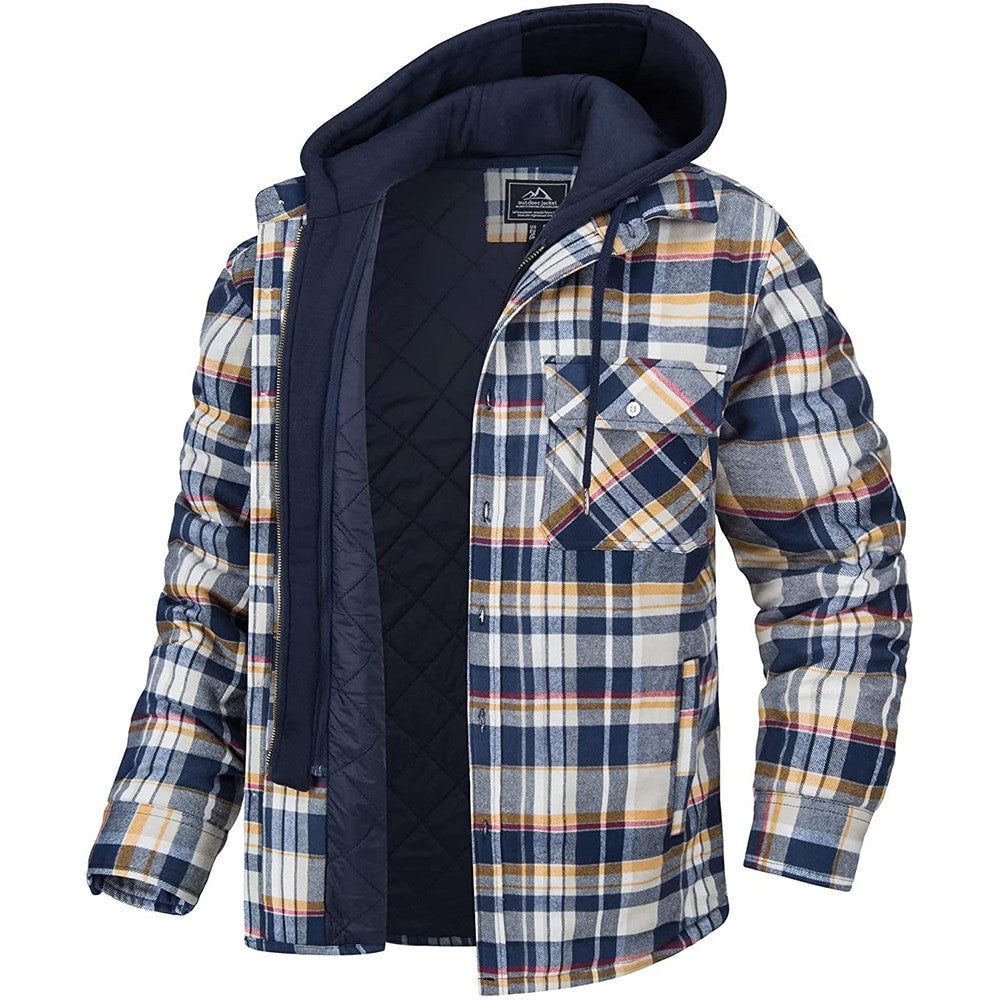 Men's Plaid Hooded Coat Winter Warm Button Zip-up Jacket Fashion