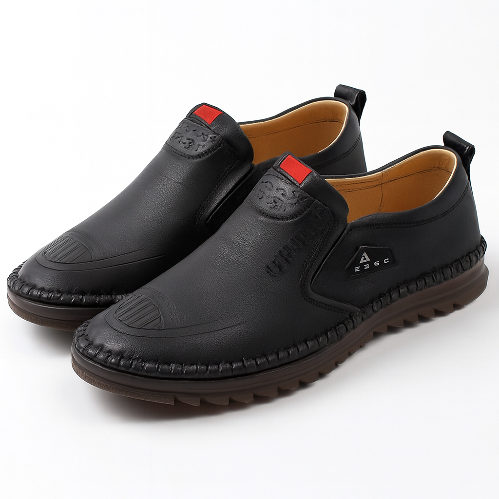 Men's Black Slip-On Casual Shoes with Red Accent & Rugged Sole Black &