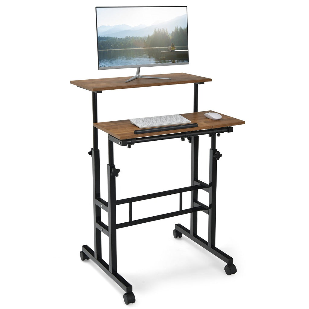NNECW Mobile Stand up Computer Desk with 2 Tilting Desktops for Office Black