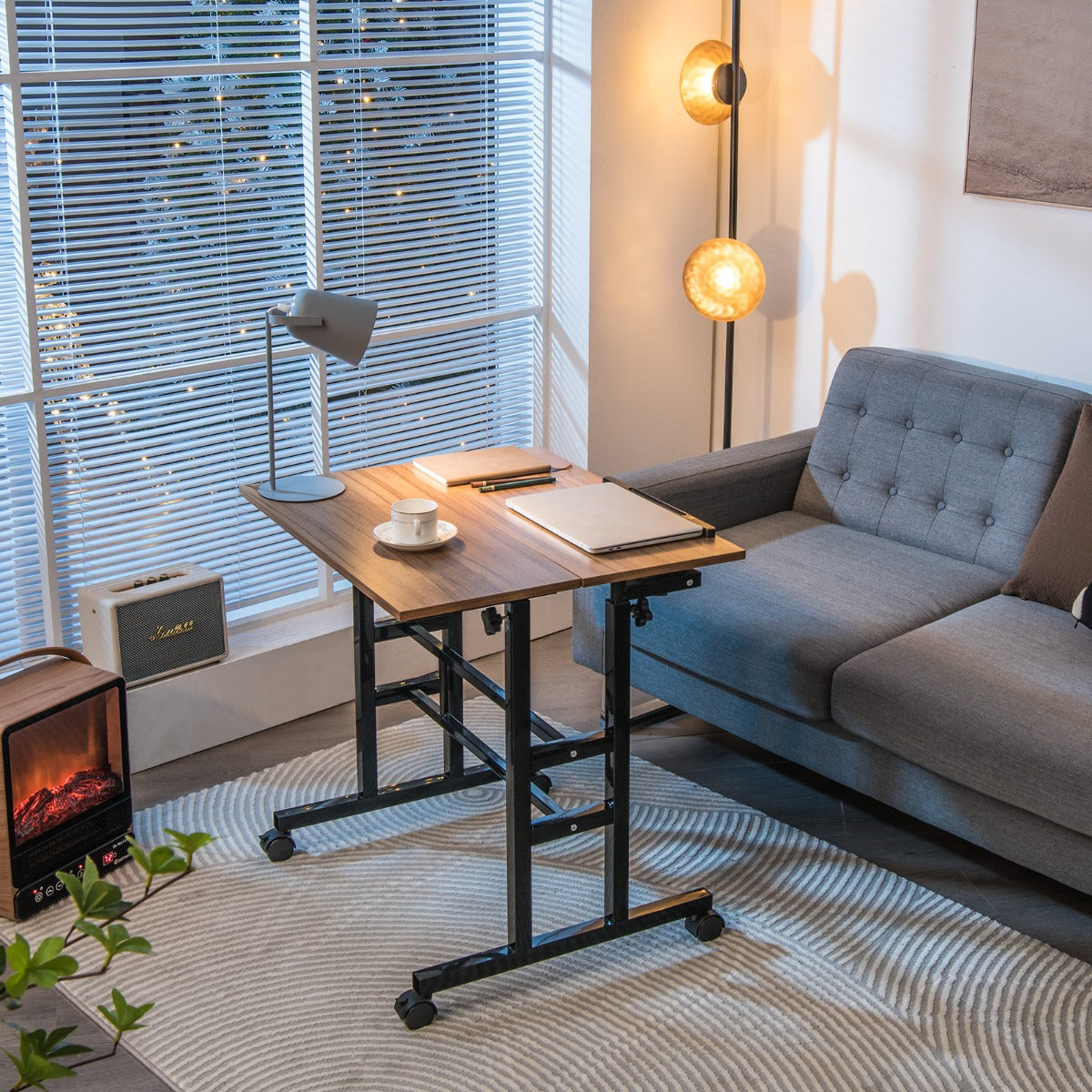 NNECW Mobile Stand up Computer Desk with 2 Tilting Desktops for Office Black