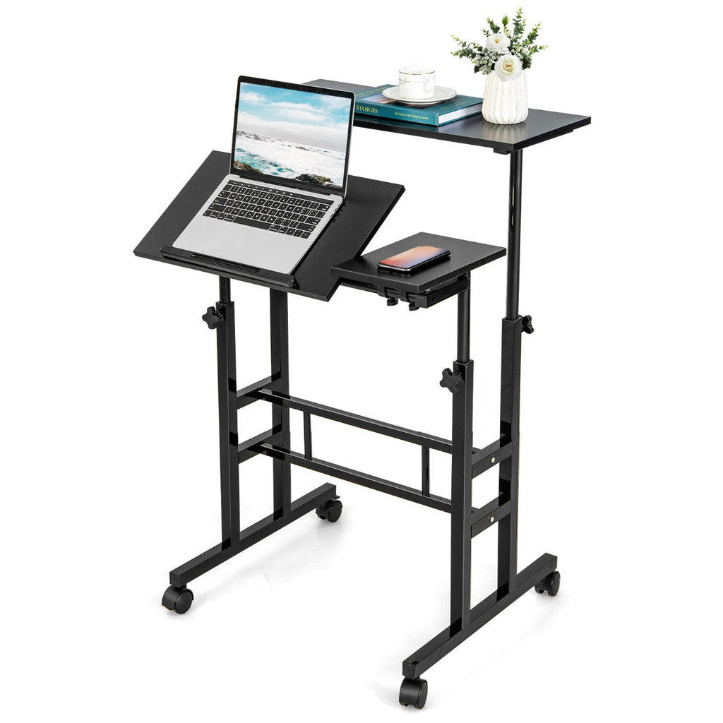 NNECW Mobile Stand up Computer Desk with 2 Tilting Desktops for Office Walnut