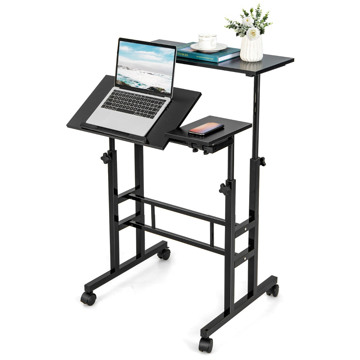 NNECW Mobile Stand up Computer Desk with 2 Tilting Desktops for Office Walnut