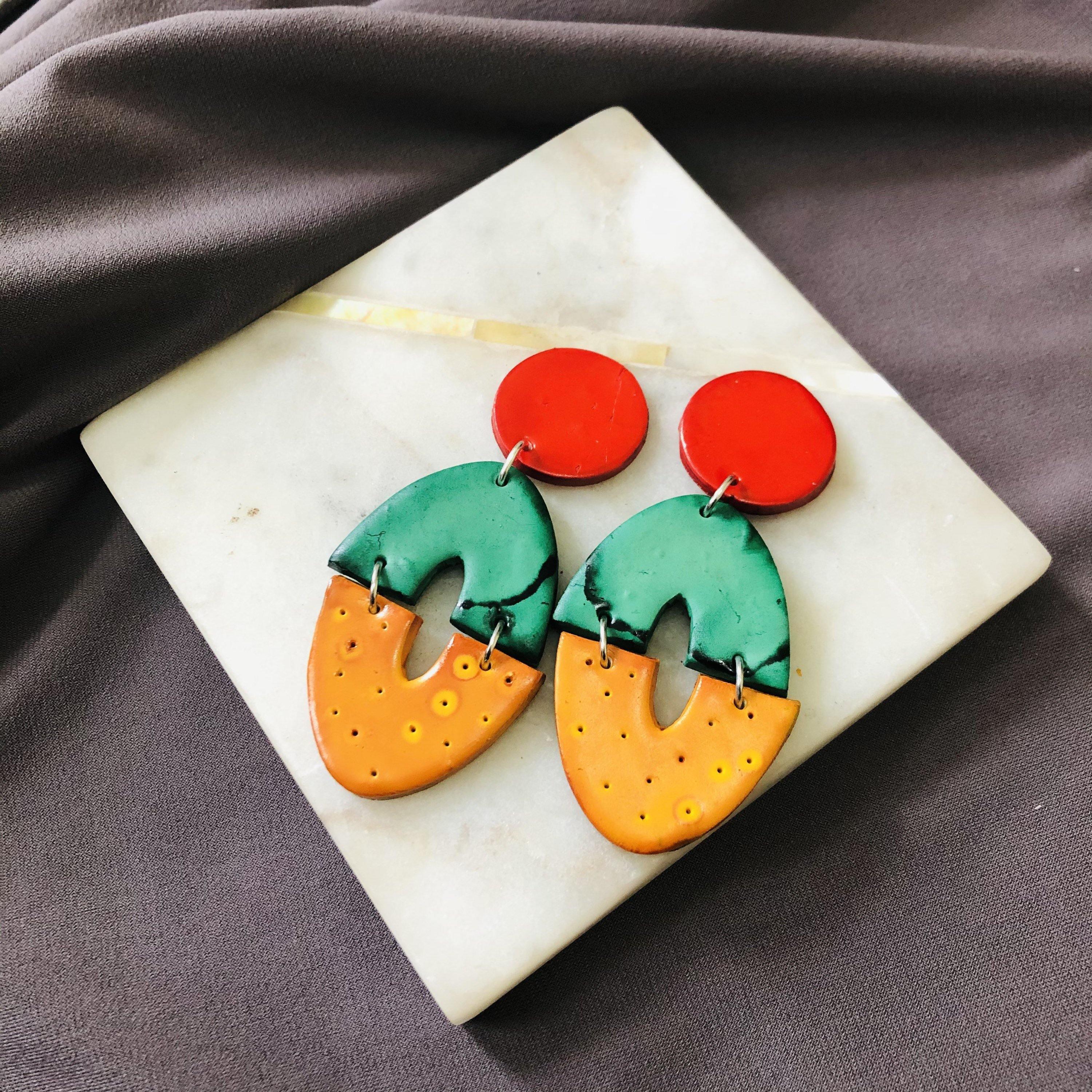 Large Artsy Clip On Earrings, Geometric Clay Drop Dangles Hand Painted-4