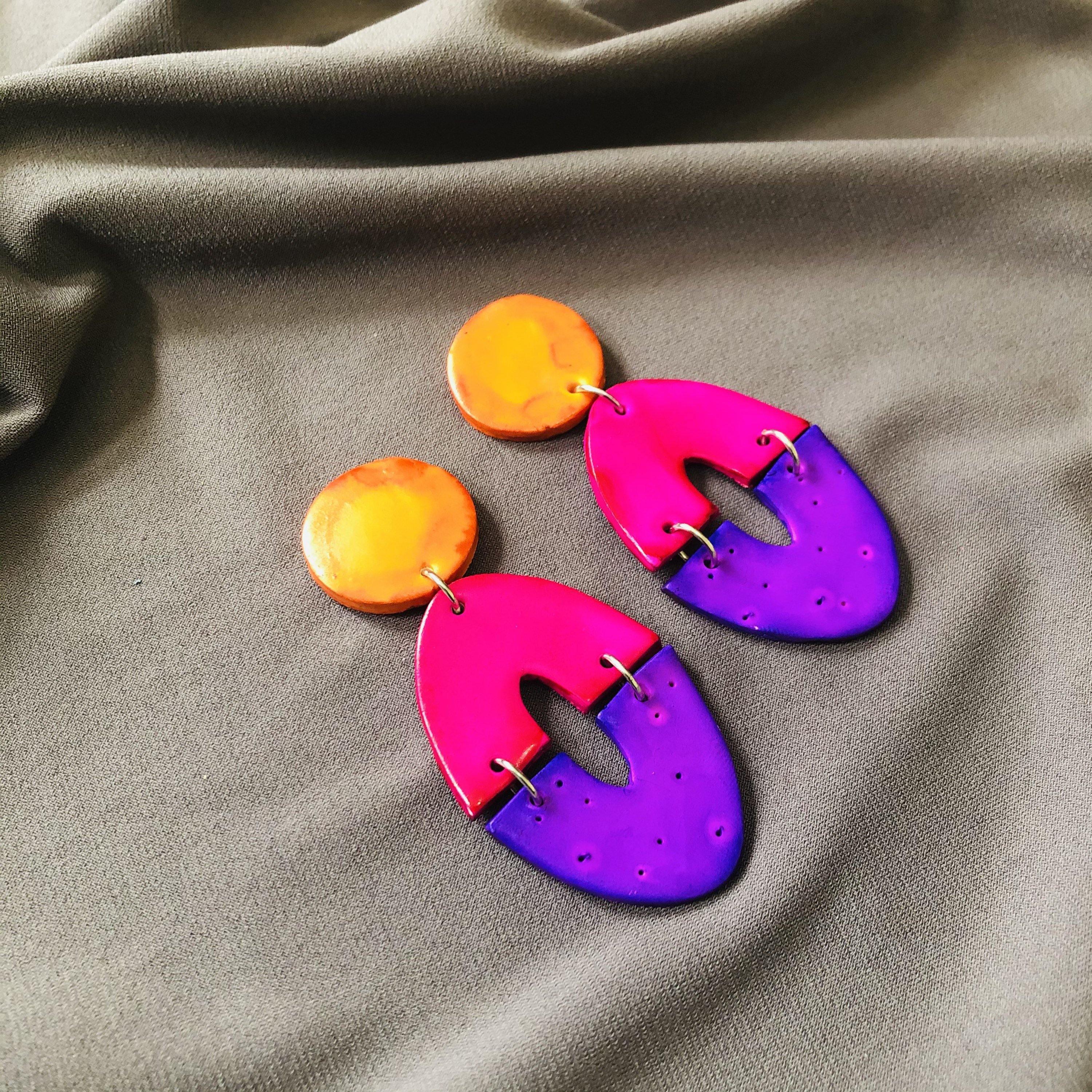 Large Artsy Clip On Earrings, Geometric Clay Drop Dangles Hand Painted-5