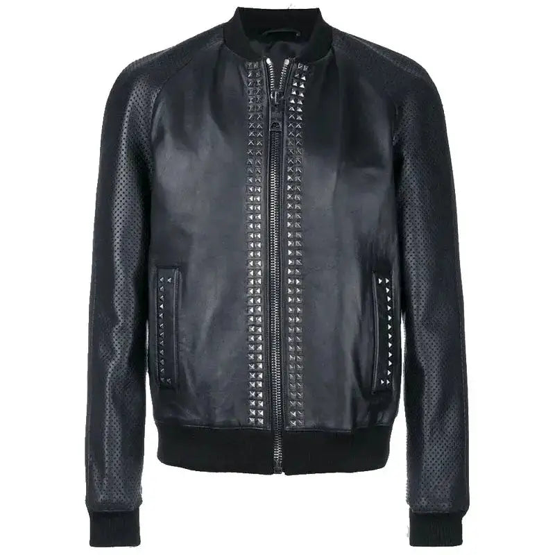Mens Studded Leather Bomber Jacket-0