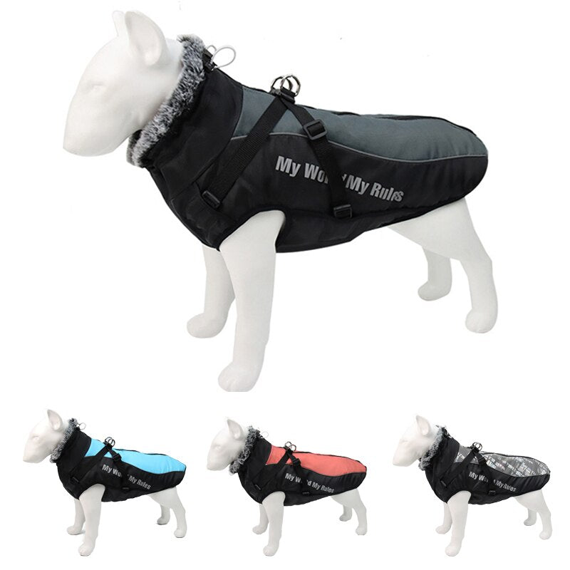 Thick Dog Coat Clothes Reflective Dogs Harness Clothes Vest Waterproof Pet Clothing With Fur Collar Large Dogs Jacket Outfit