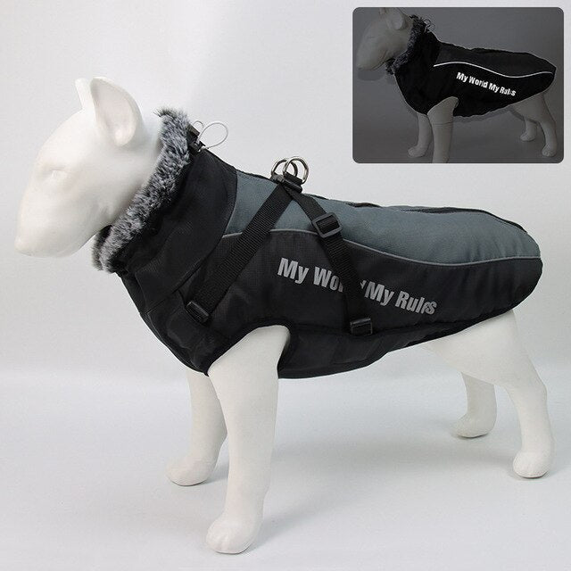 Thick Dog Coat Clothes Reflective Dogs Harness Clothes Vest Waterproof Pet Clothing With Fur Collar Large Dogs Jacket Outfit