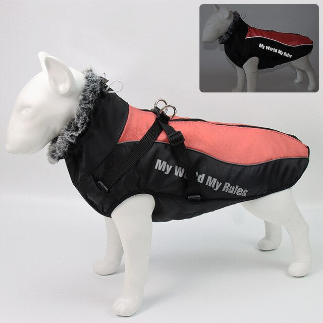 Thick Dog Coat Clothes Reflective Dogs Harness Clothes Vest Waterproof Pet Clothing With Fur Collar Large Dogs Jacket Outfit