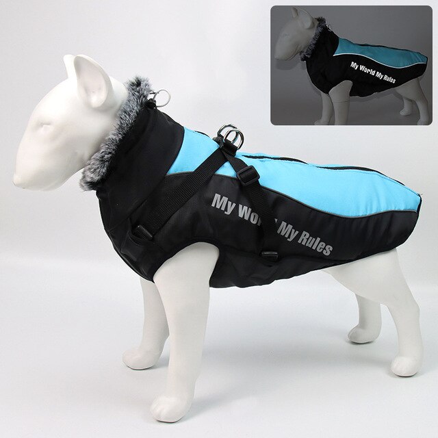 Thick Dog Coat Clothes Reflective Dogs Harness Clothes Vest Waterproof Pet Clothing With Fur Collar Large Dogs Jacket Outfit