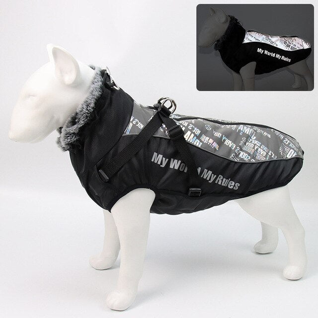 Thick Dog Coat Clothes Reflective Dogs Harness Clothes Vest Waterproof Pet Clothing With Fur Collar Large Dogs Jacket Outfit