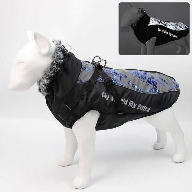 Thick Dog Coat Clothes Reflective Dogs Harness Clothes Vest Waterproof Pet Clothing With Fur Collar Large Dogs Jacket Outfit