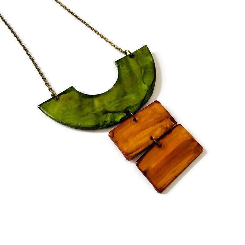 Rustic Boho Statement Necklace in Green Brown-0