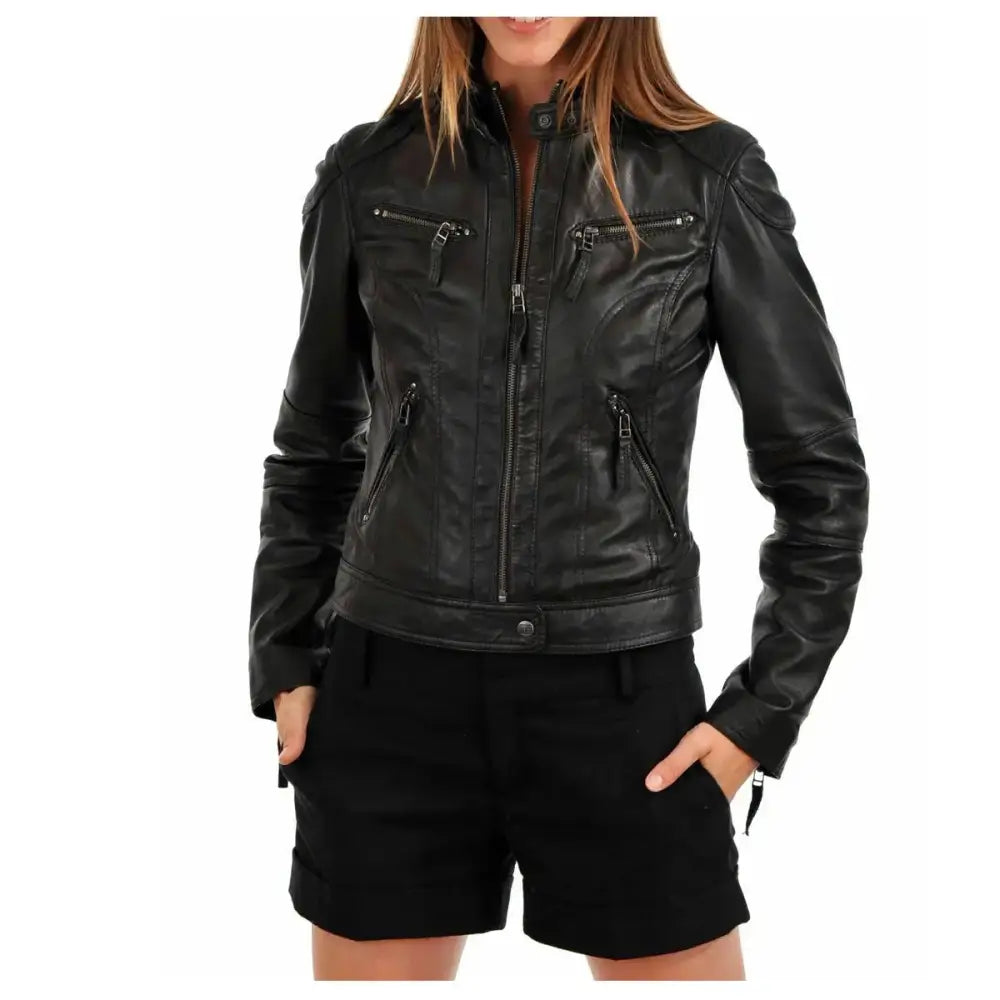 Women's Fashion Lambskin Leather Biker Jacket-0