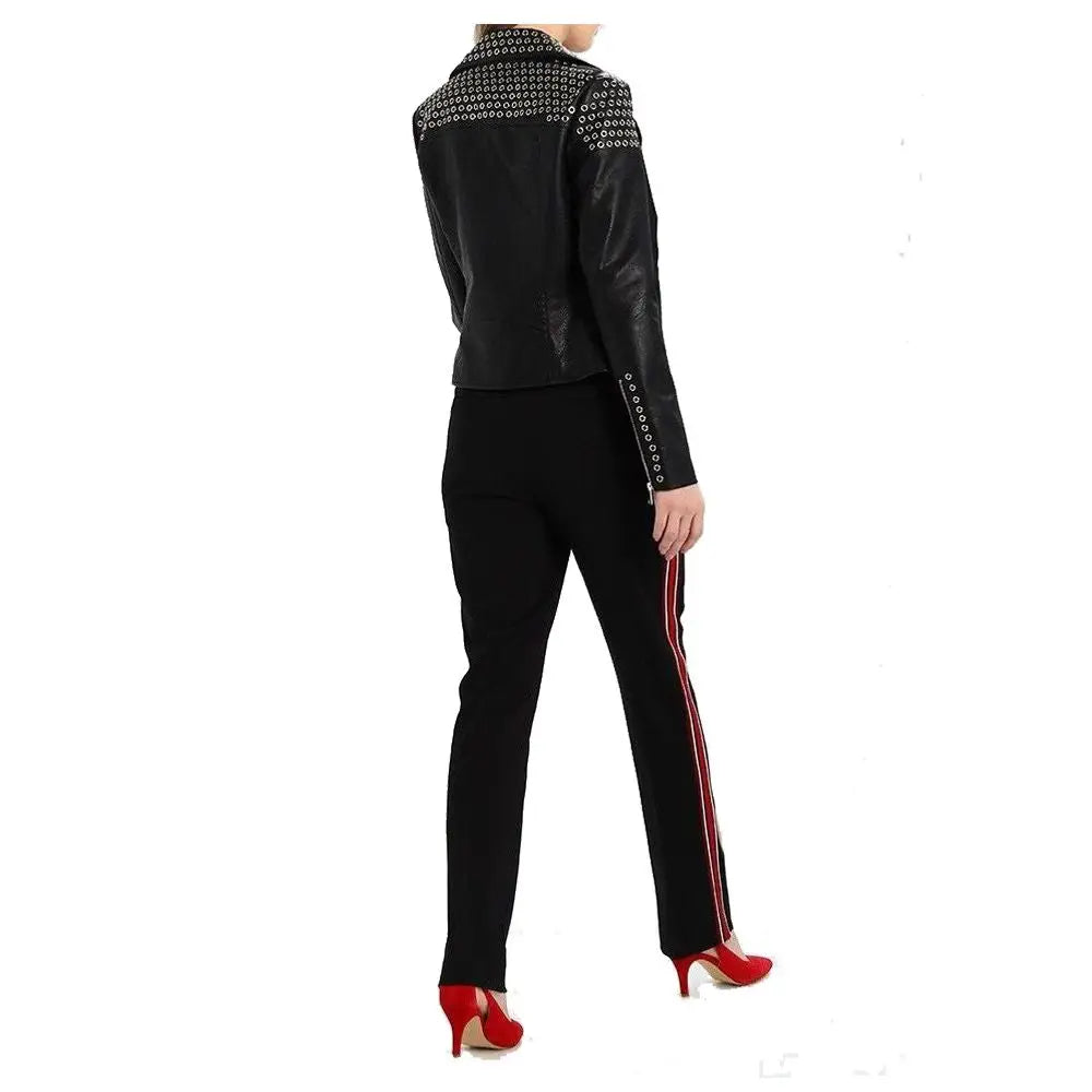 Women's Fashion Leather Biker Jacket with Ring Detail-2