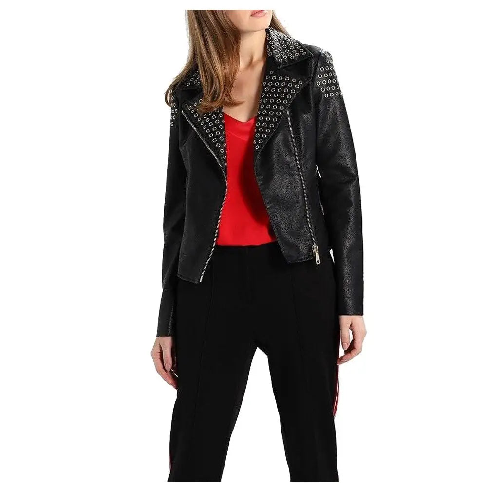 Women's Fashion Leather Biker Jacket with Ring Detail-0